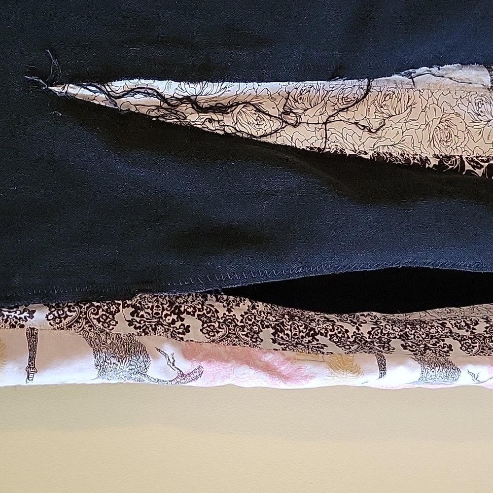 HAND CRAFTED Maxi Skirt UPCYCLED Black Denim Floral Pink Black Prints Size 12 - Picture 8 of 16